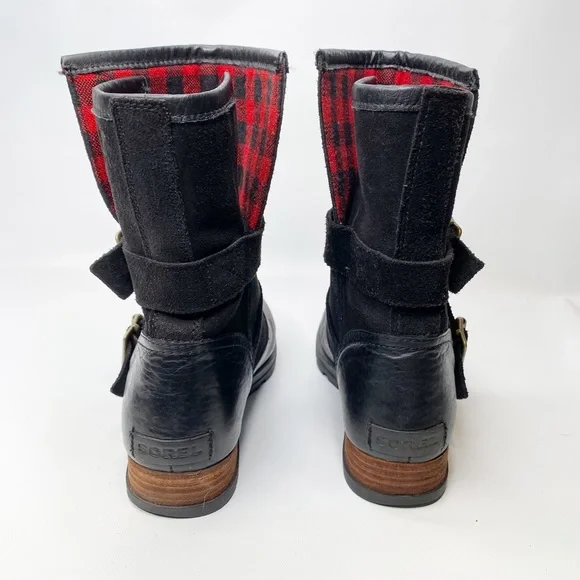 SorelMajor Moto Boot, Black, Buffalo Plaid Liner #NL2432-010 Sz. 7.5